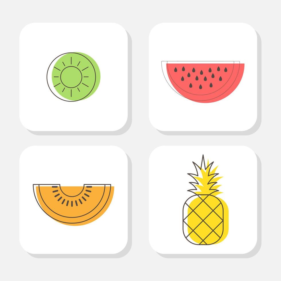 vier lineair pictogrammen, kiwi, watermeloen, meloen, ananas vector
