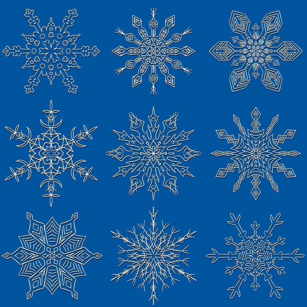 reeks van negen mooi getrokken sneeuwvlok silhouetten vector