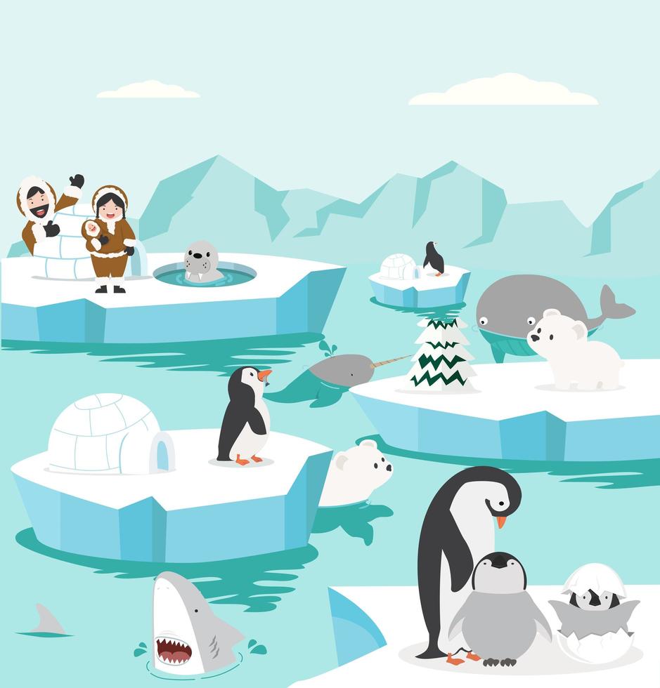 noordpool landschap achtergrond met tekenfilm dieren vector