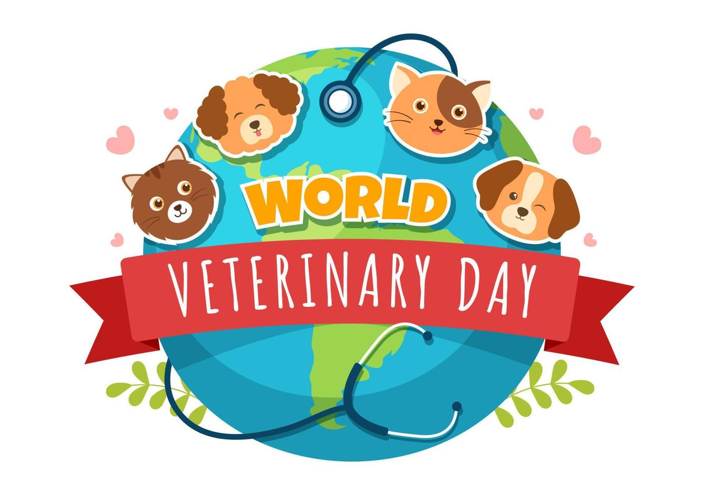wereld veterinair dag Aan april 29 illustratie met dokter en schattig dieren honden of katten in vlak tekenfilm hand- getrokken voor landen bladzijde Sjablonen vector