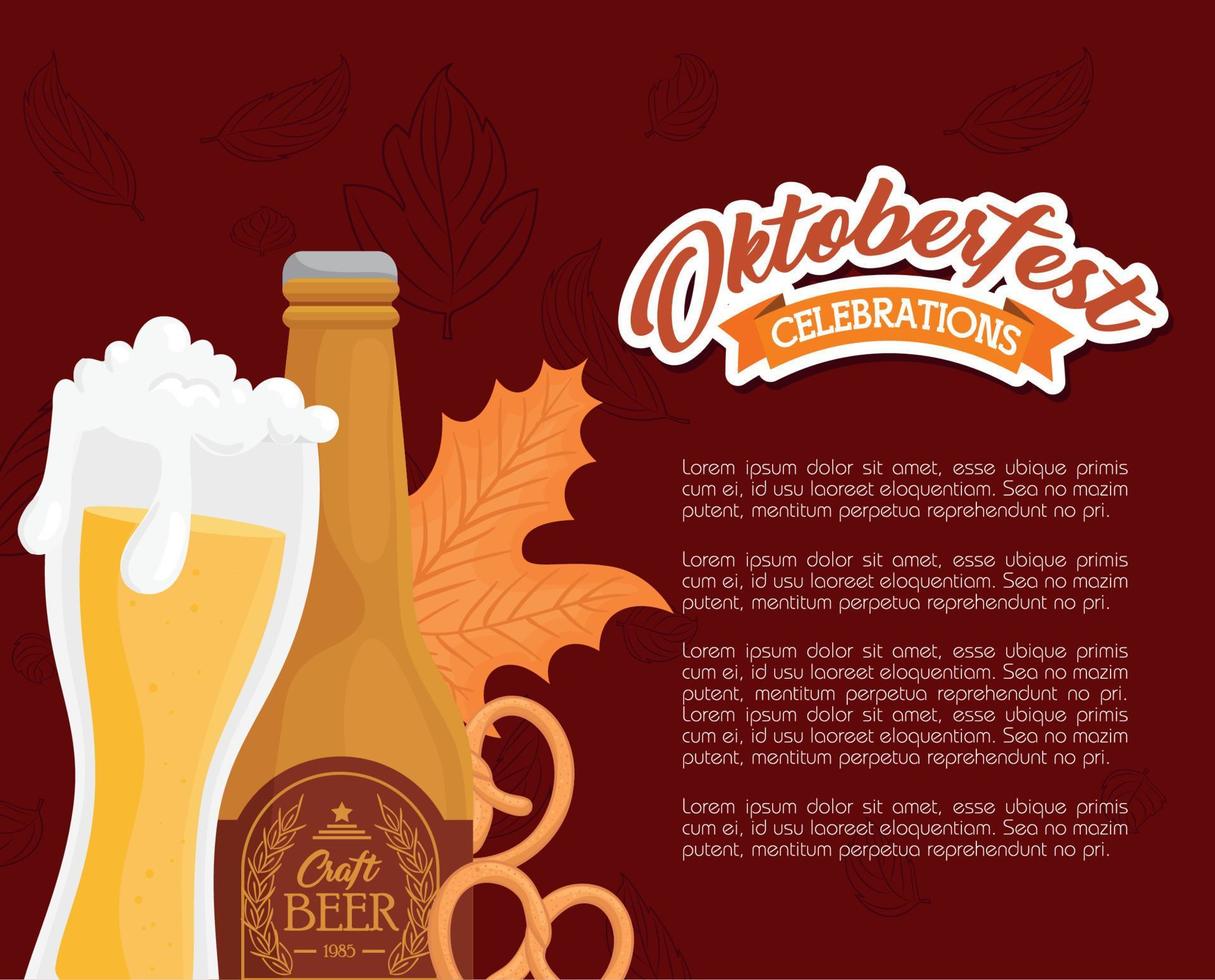 oktoberfeest bier glas fles en zoute krakeling vector ontwerp