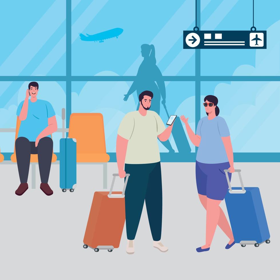 groep mensen in de luchthaven terminal, passagiers Bij luchthaven terminal met tassen vector