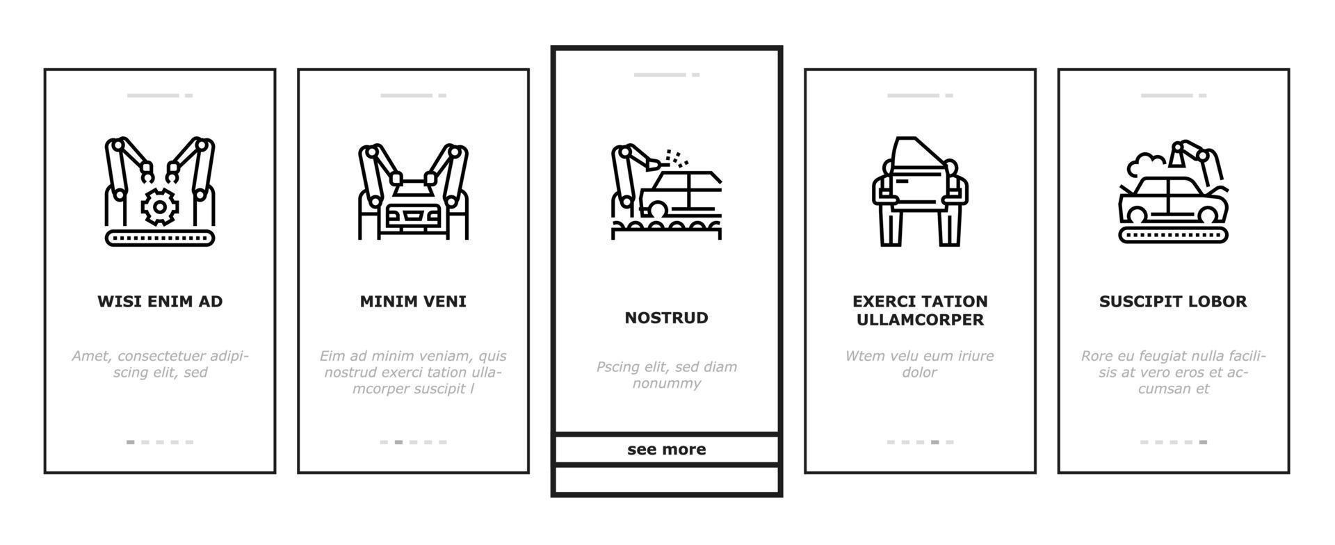 auto fabriek productie onboarding pictogrammen reeks vector