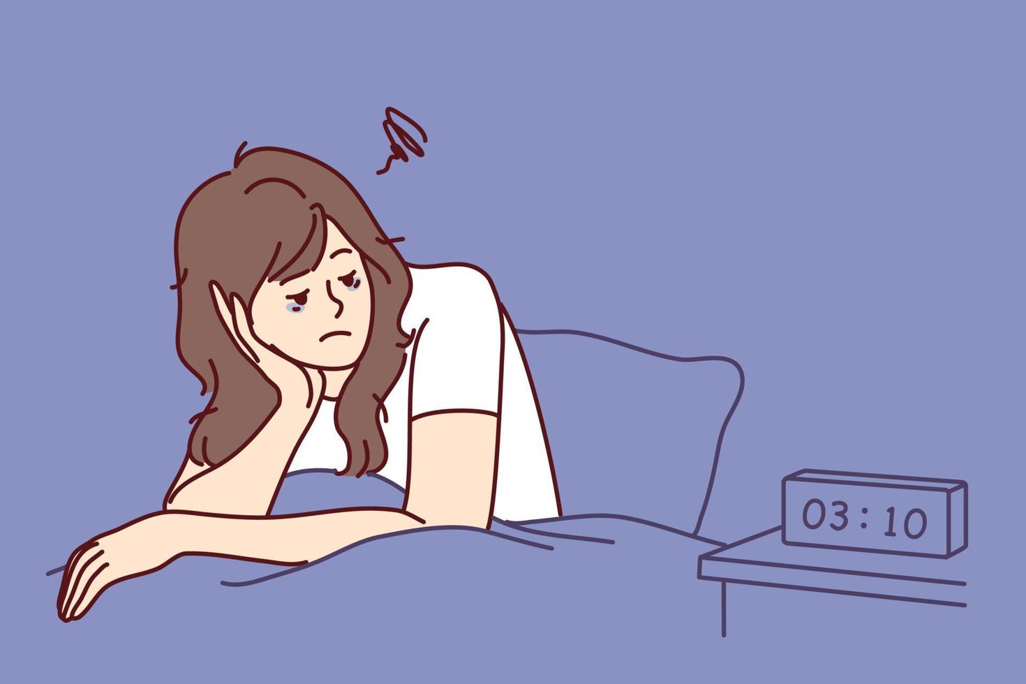 moe vrouw zitten in bed kijken Bij alarm rinkelen lijden van vermoeidheid en uitputting. uitgeput vrouw worstelen met slapeloosheid niet in staat naar slaap Bij nacht. vector illustratie.