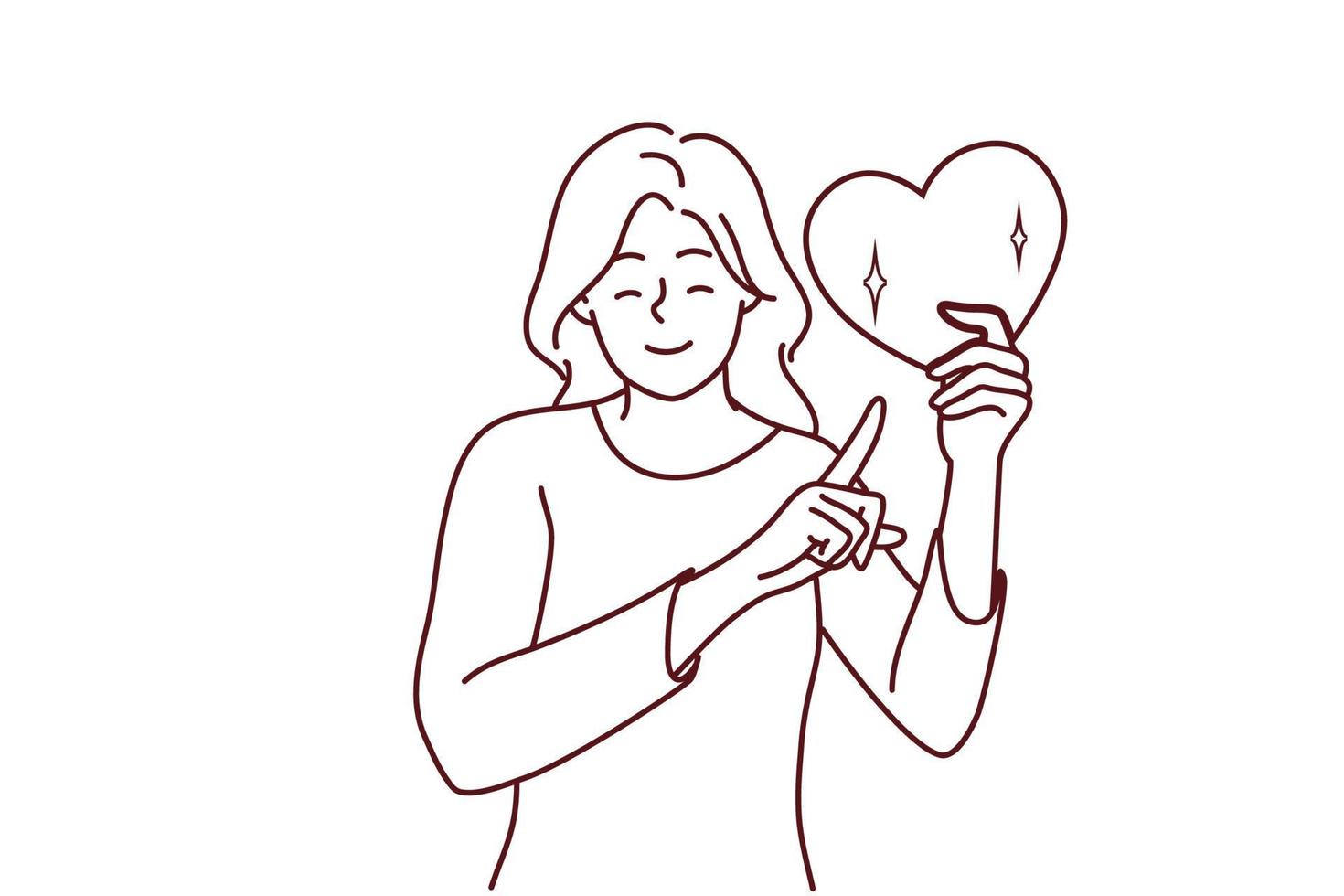 gelukkig jong vrouw houden hart tonen met vinger vragen voor bijdrage of liefdadigheid investering. glimlachen meisje punt Bij liefde symbool in handen. genegenheid en zorg. vector illustratie.
