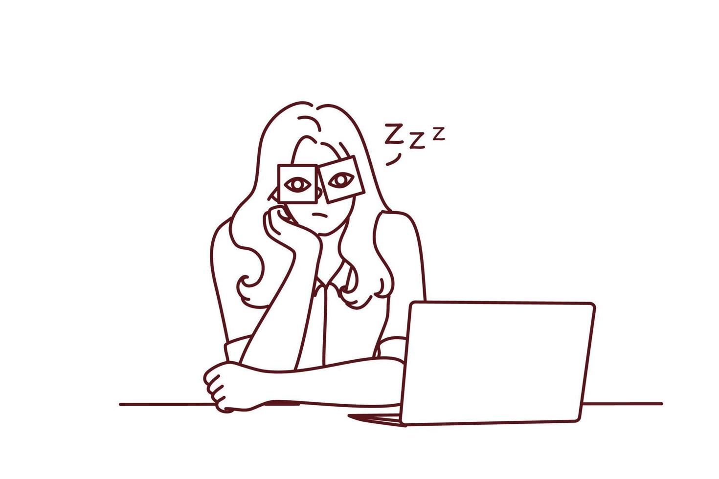 uitgeput jong vrouw zitten Bij bureau werk Aan computer overweldigd met kantoor functie. moe meisje voelen slaperig overwerk Bij werkplek. vermoeidheid concept. vector illustratie.