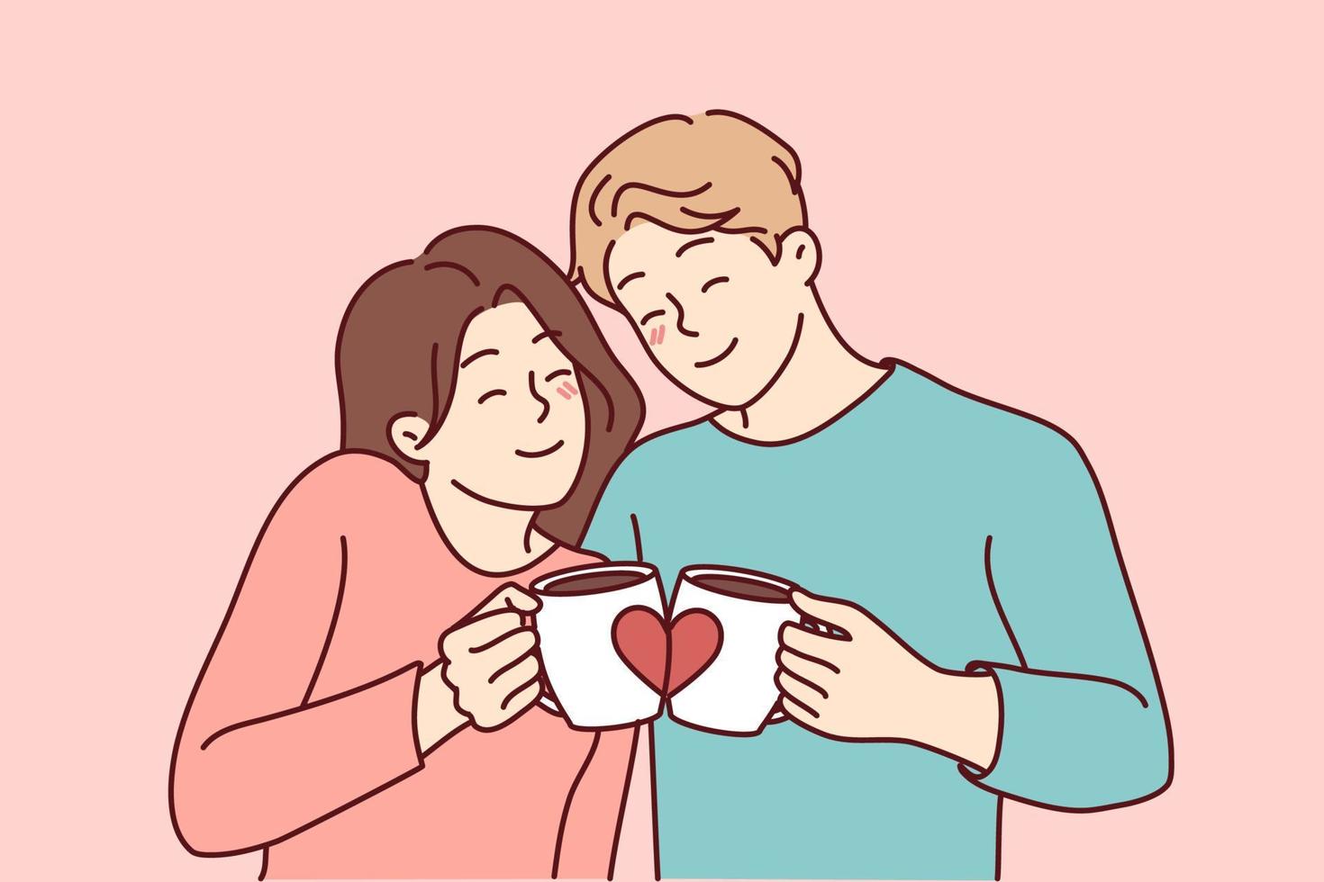 gelukkig paar knuffelen drinken koffie van geliefden mokken. glimlachen Mens en vrouw omhelzing genieten ochtend- thee van schattig kopjes. vector illustratie.
