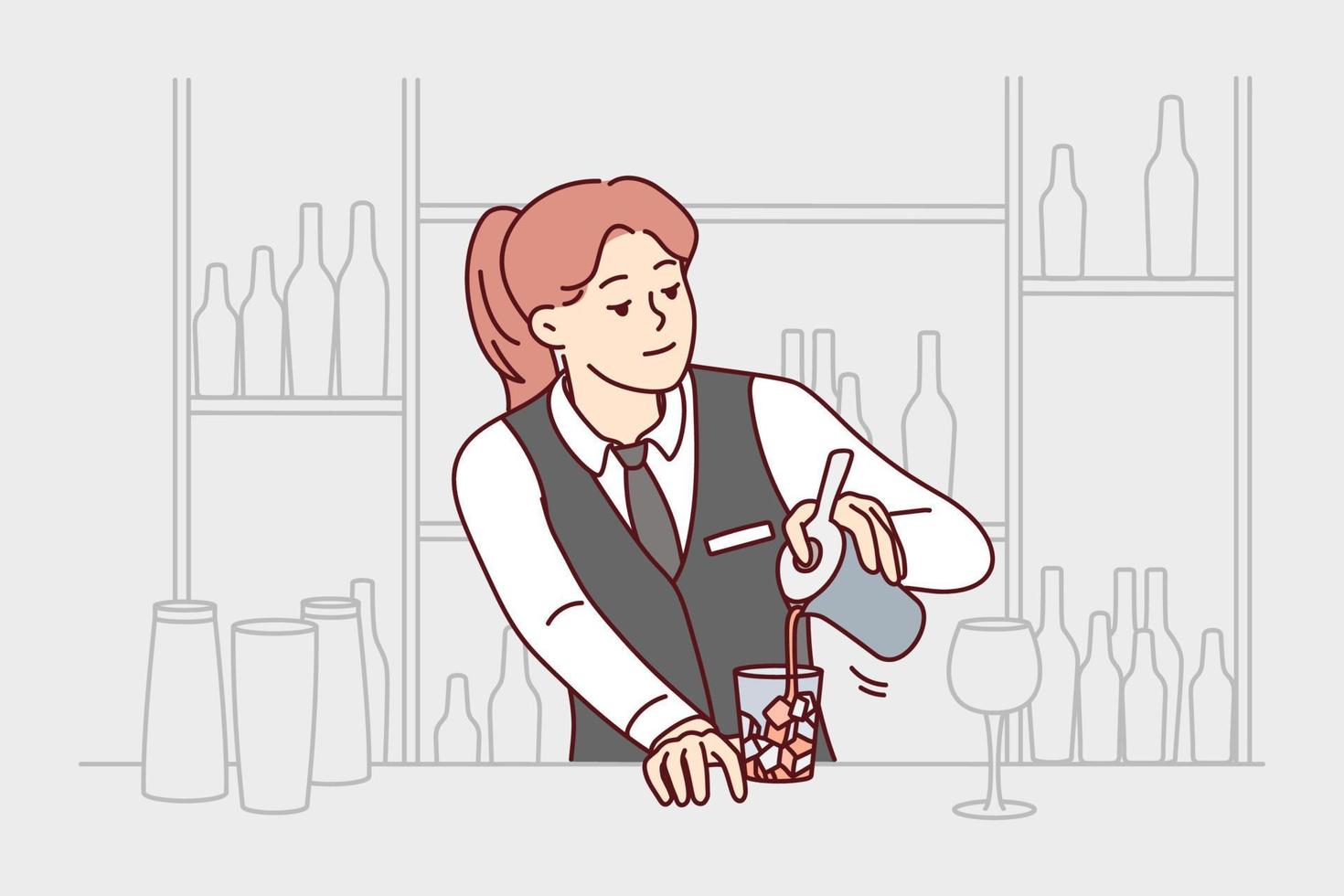 barman in uniform maken cocktail Bij bar. glimlachen vrouw serveerster maken drinken in restaurant Bij balie. alcohol en drank. vector illustratie.