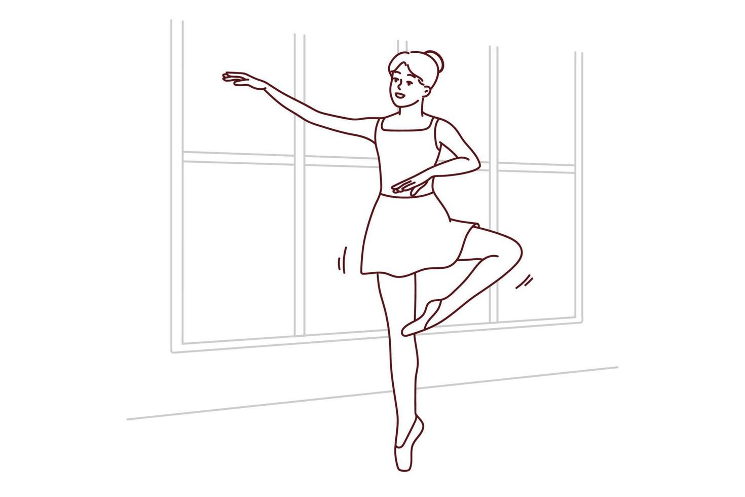 jong vrouw in tutu dansen in school. glimlachen meisje in jurk praktijk ballerina beweegt binnenshuis. hobby en amusement. vector illustratie.