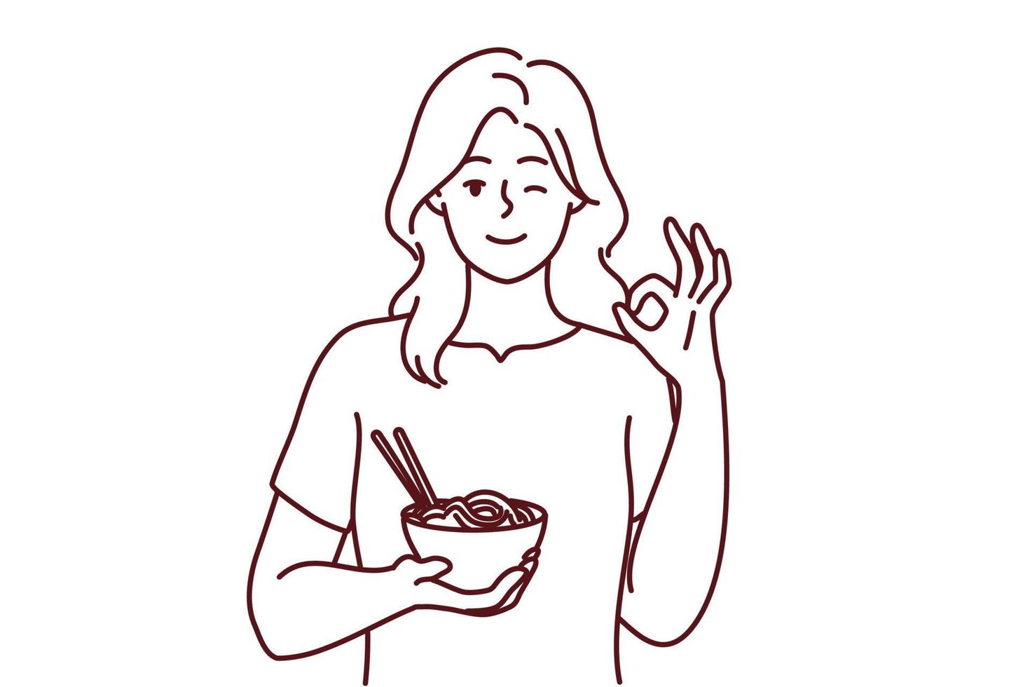 glimlachen jong vrouw aan het eten Aziatisch voedsel tonen allemaal Rechtsaf hand- gebaar. gelukkig meisje genieten noedels adviseren restaurant. aanbeveling. vector illustratie.