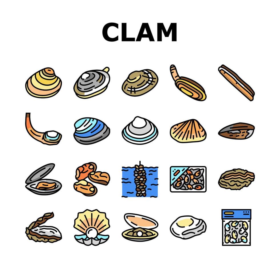 clam marinier zee boerderij voeding pictogrammen reeks vector