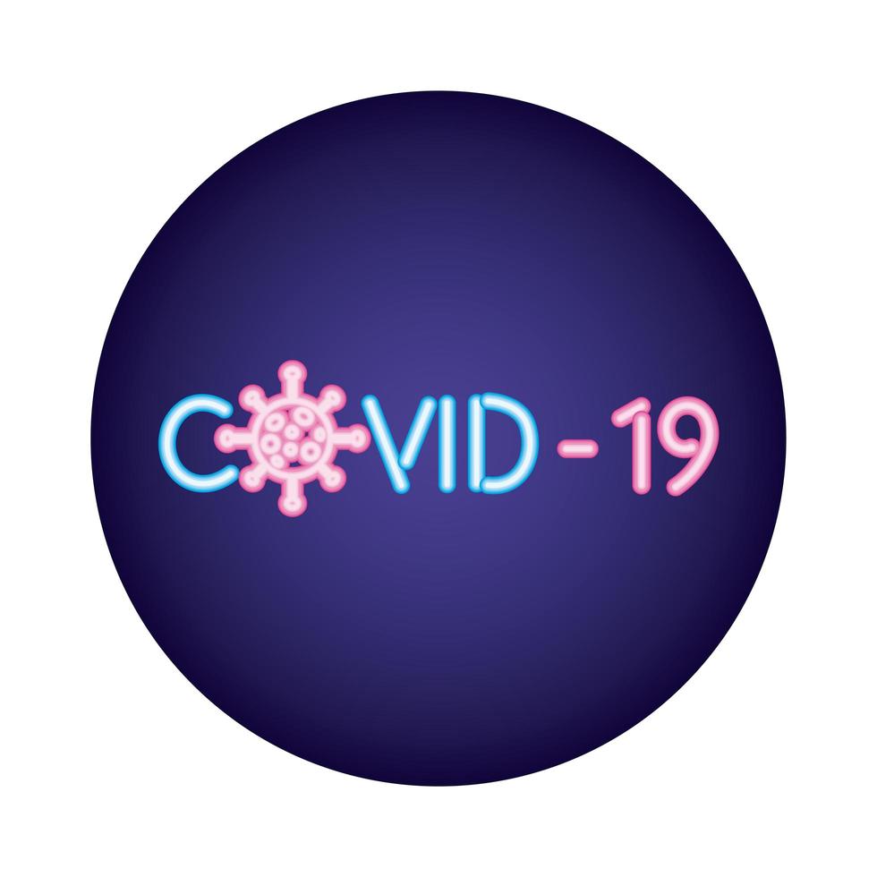 belettering met covid19-neonstijl van het virusdeeltje vector