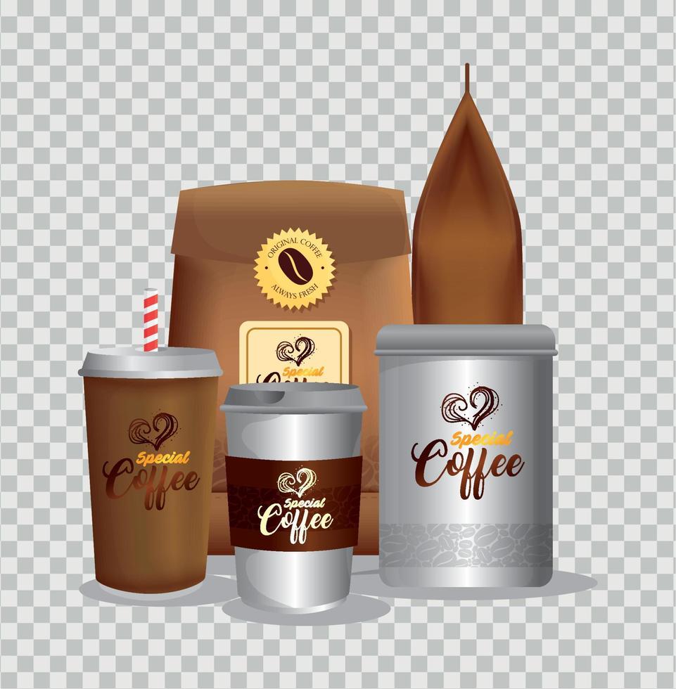 branding mockup koffie winkel, zakelijke identiteit model, wegwerpbaar, fles en Tassen papier van speciaal koffie vector