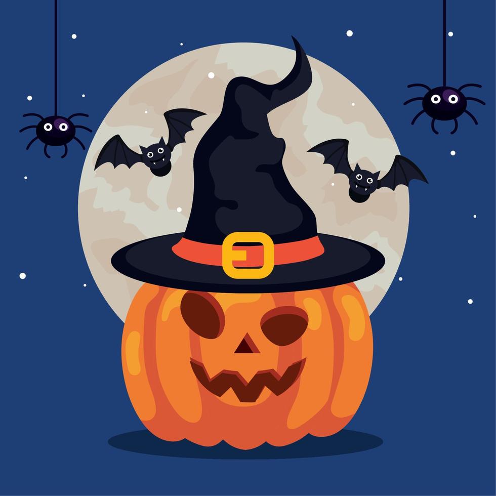 gelukkig halloween banier en pompoen met hoed heks, vleermuizen vliegend en spinnen vector