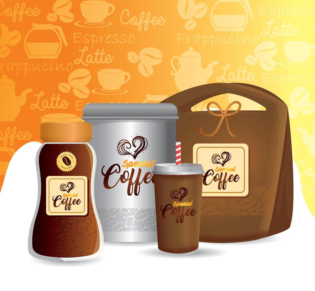 branding mockup koffie winkel, zakelijke identiteit model, omgaan met zak papier, fles en beschikbaar van speciaal koffie vector