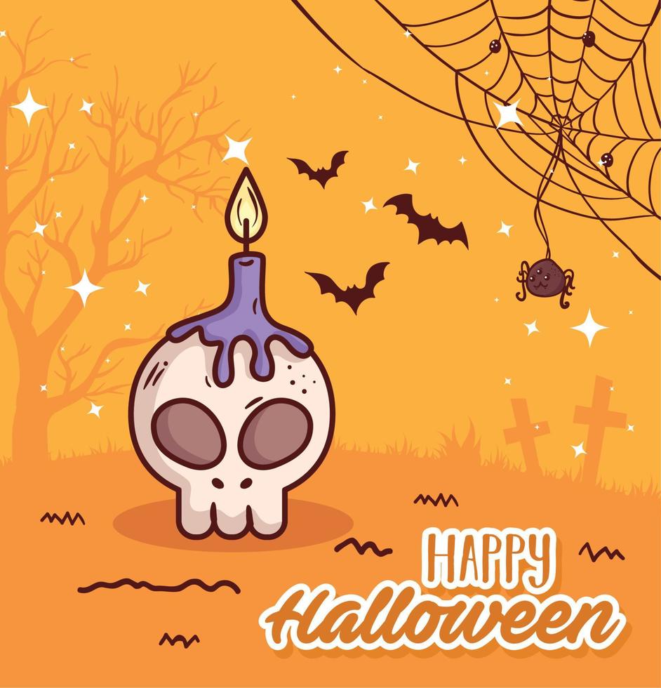 gelukkig halloween banier en schedel met kaars vector