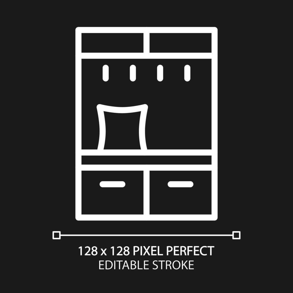 hal boom pixel perfect wit lineair icoon voor donker thema. kabinet opslagruimte met jas haken en bank. huis meubilair op te slaan. dun lijn illustratie. geïsoleerd symbool voor nacht modus. bewerkbare beroerte vector