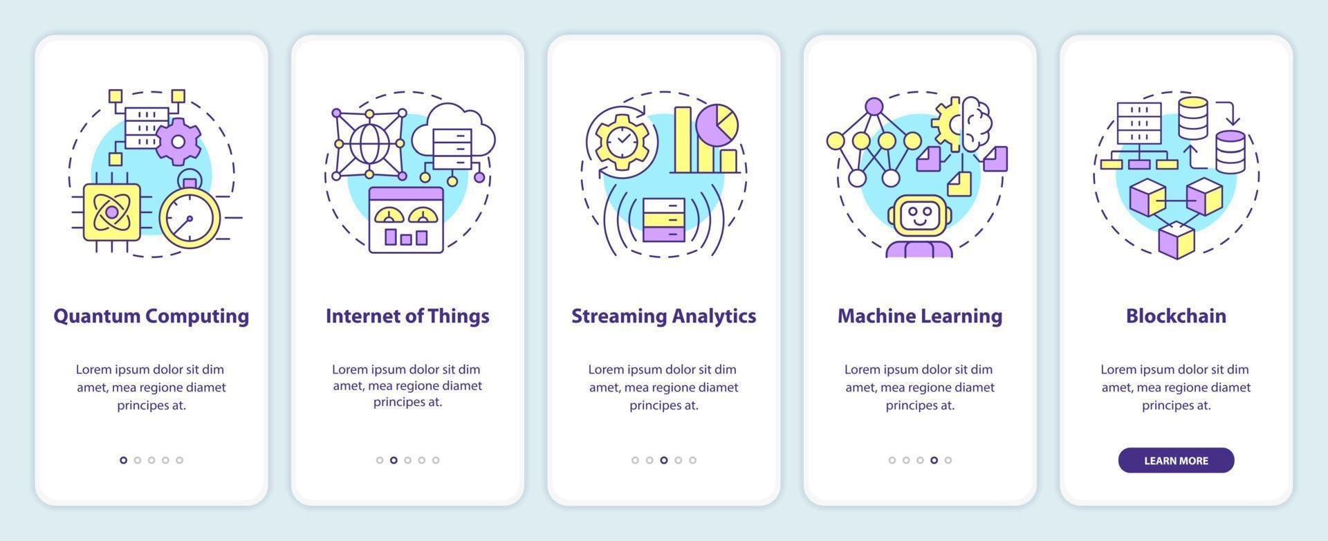 gegevens wetenschap technologieën onboarding mobiel app scherm. informatie walkthrough 5 stappen bewerkbare grafisch instructies met lineair concepten. ui, ux, gui sjabloon. myriade pro-vet, regelmatig fonts gebruikt vector