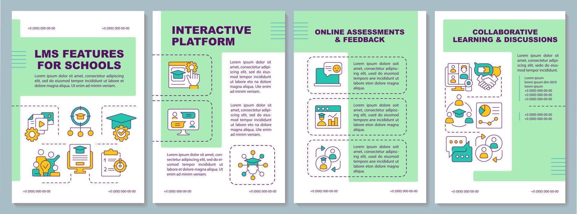 lms Kenmerken voor school- turkoois brochure sjabloon. brochure ontwerp met lineair pictogrammen. bewerkbare 4 vector indelingen voor presentatie, jaar- rapporten. Arial zwart, myriade pro-regulier fonts gebruikt