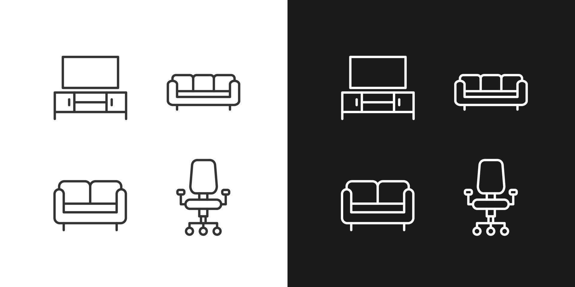 meubilair op te slaan pixel perfect lineair pictogrammen reeks voor donker, licht modus. inrichting voor leven kamer en huis kantoor. dun lijn symbolen voor nacht, dag thema. geïsoleerd illustraties. bewerkbare beroerte vector