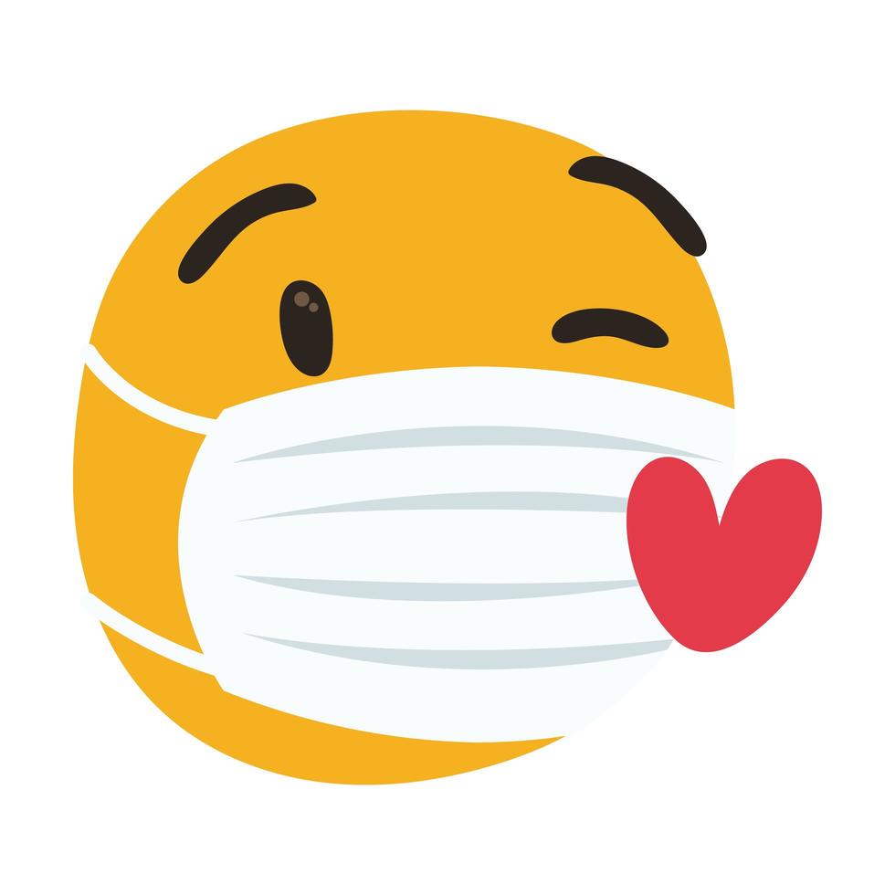 emoji met medisch masker met harten hand tekenen stijl vector