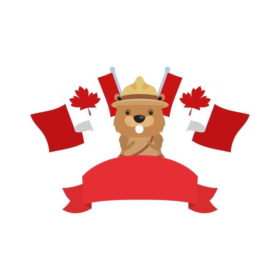Canadese bever met hoed en canada vlaggen voor happy canada day vector design