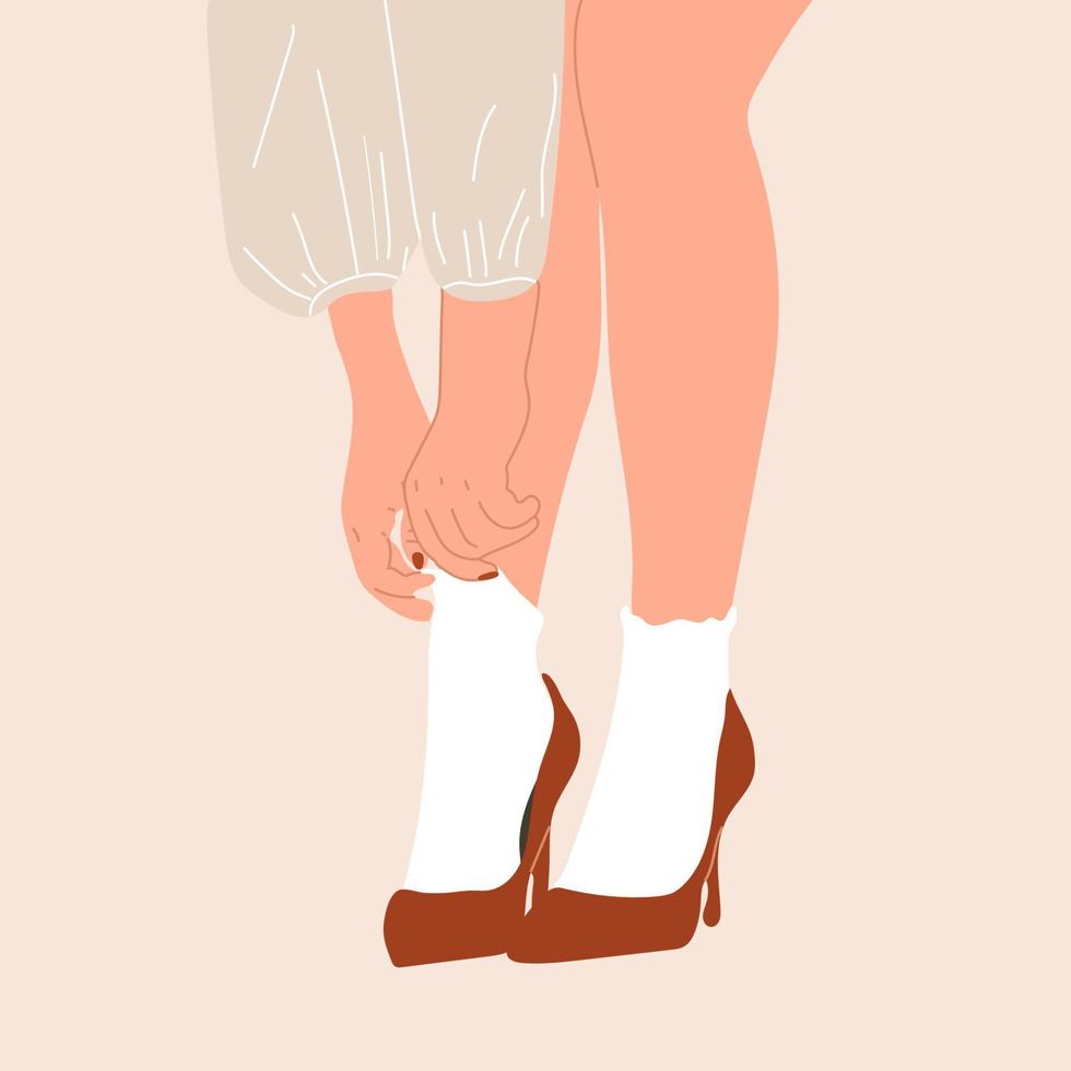 vrouw poten in elegant schoenen met hakken en kant sokken. mode en stijl, kleding en accessoires. schoenen. vector illustratie voor een ansichtkaart of een poster, afdrukken voor kleren. wijnoogst en retro.