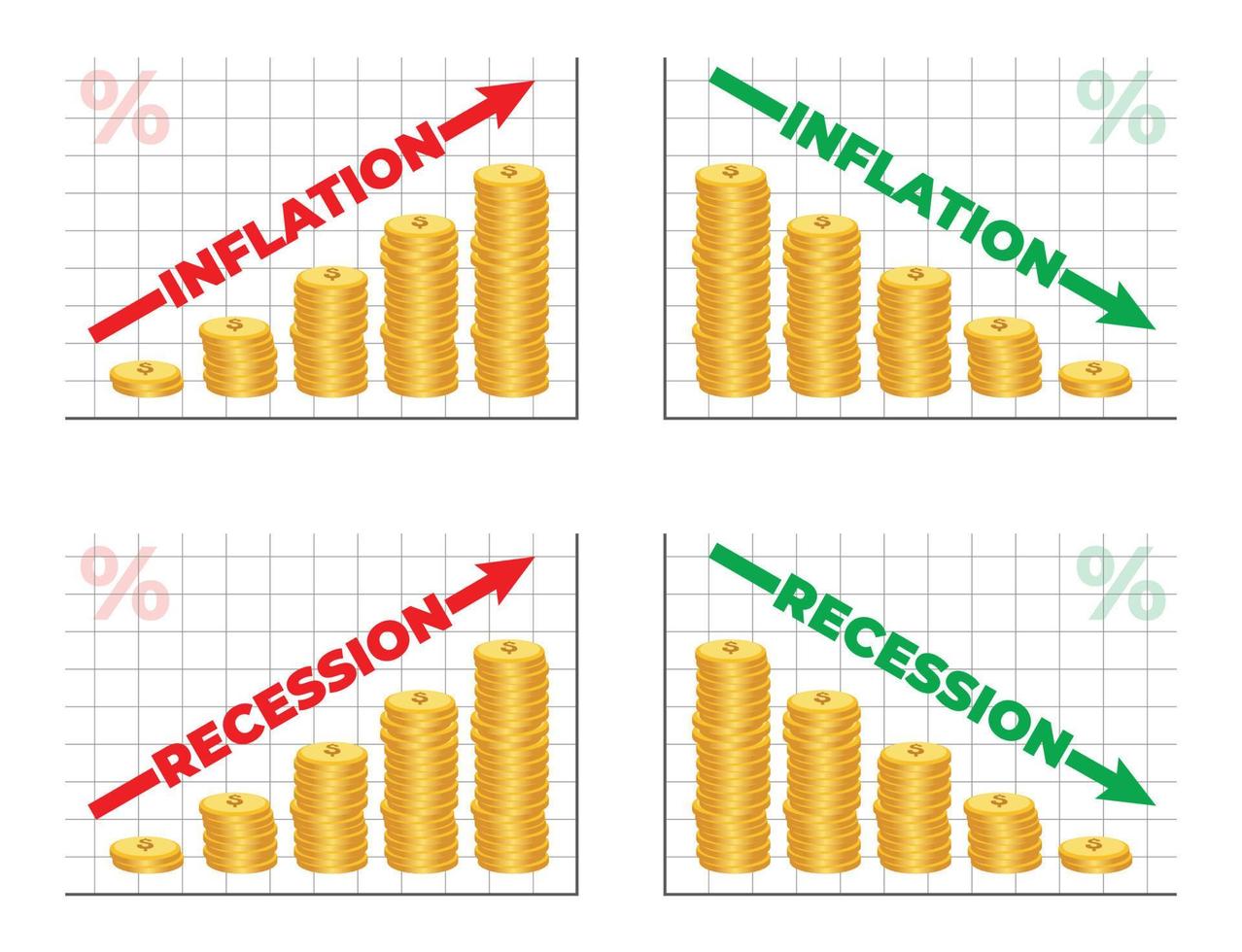 inflatie en recessie infographic met munten bar en pijl diagram gaan omhoog en naar beneden groei van financieel en economie bedrijf geïsoleerd Aan wit achtergrond. vector