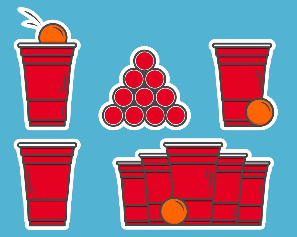 rood bier pong stickers. plastic kop en bal met spatten bier. traditioneel partij drinken spel. vector