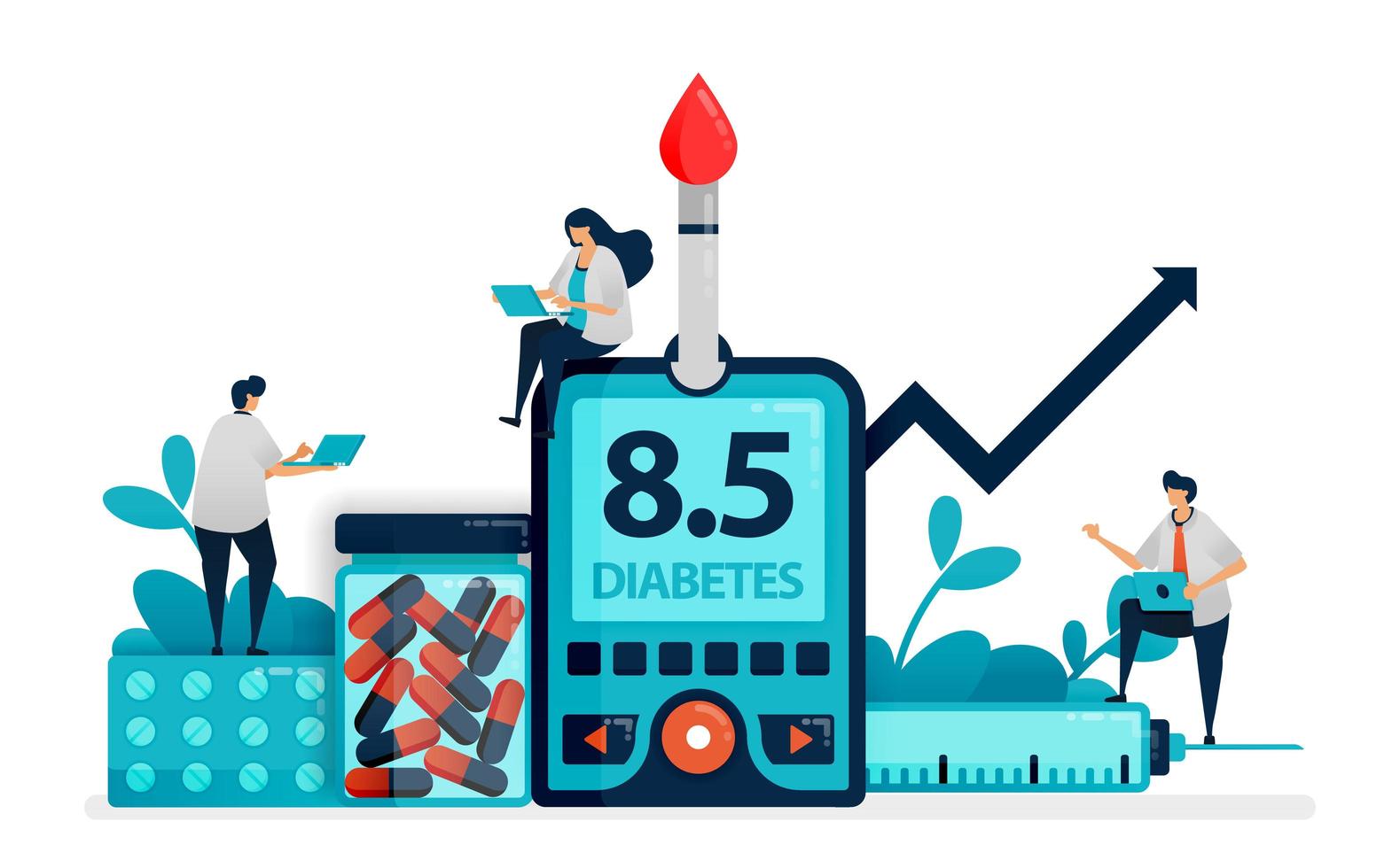 arts en mensen controleren bloedsuikerspiegel met glucosemeter. diabetes type twee check-up. dieet voor niet-overdraagbare ziekten. insuline controleren. illustratie voor visitekaartje, banner, brochure, flyer vector