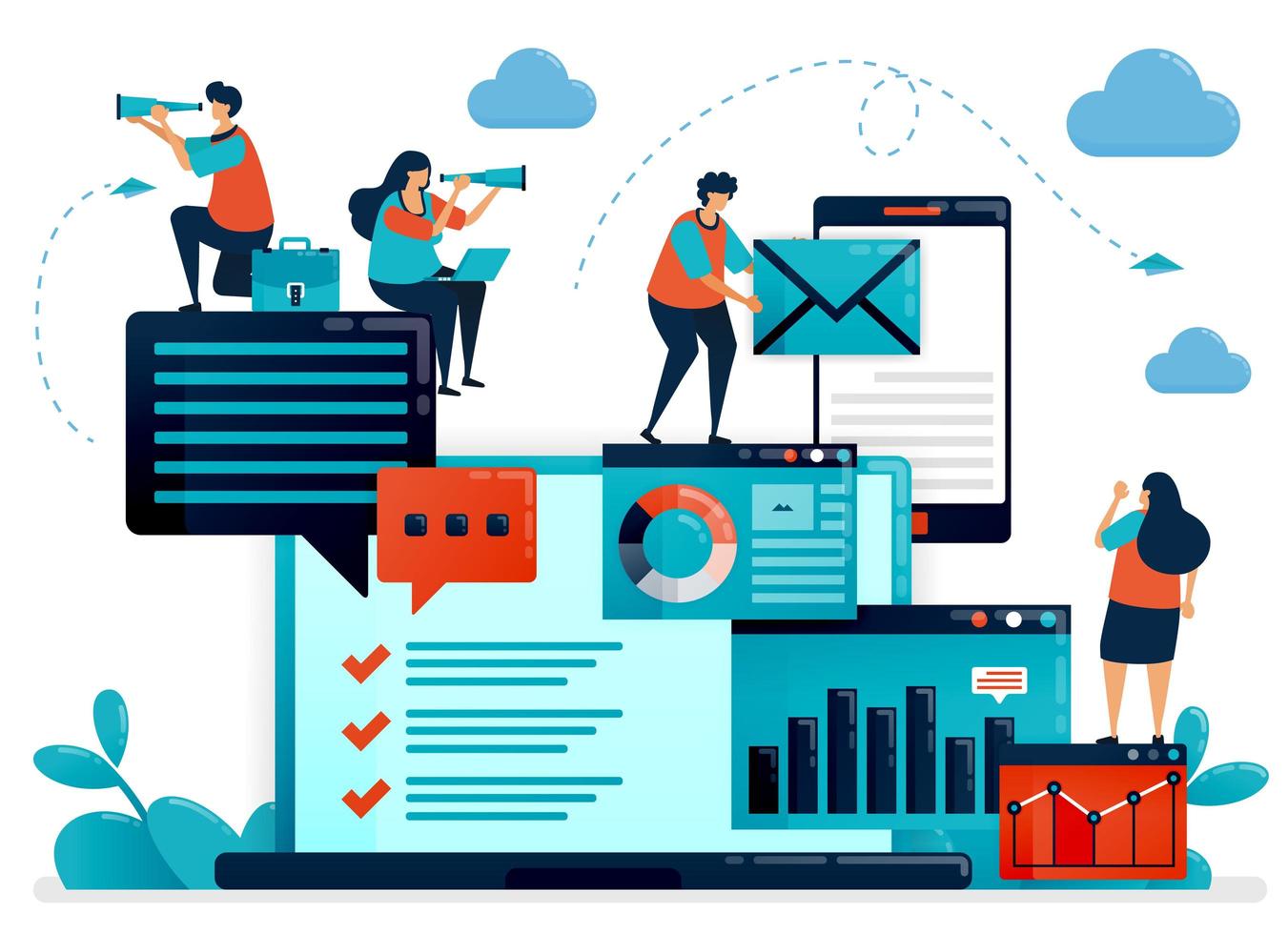 analyseer statistiek en gegevens op bedrijfsrapport. laptop dashboard voor boekhoudkundige taak. mobiele digitale diensten optimaliseren voor werk. platte menselijke vectorillustratie voor bestemmingspagina, website, mobiel, poster vector