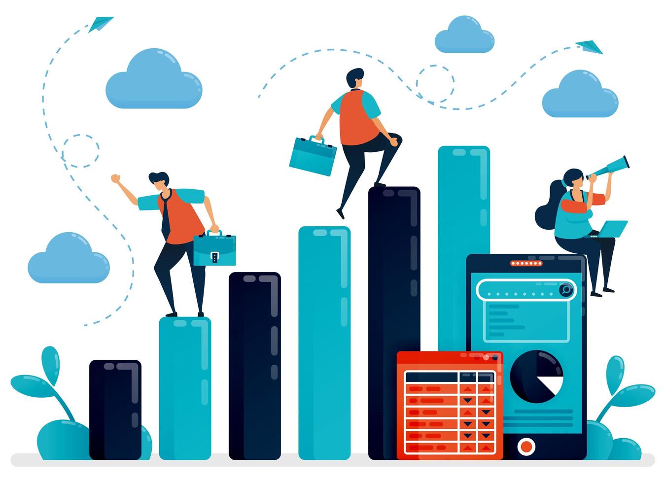 concept van data-analyse en planning. salaris man check barchart statistiek voor jaarverslag. mobiel gegevensrapport met grafiek en tabel. platte menselijke vectorillustratie voor bestemmingspagina, website, mobiel vector