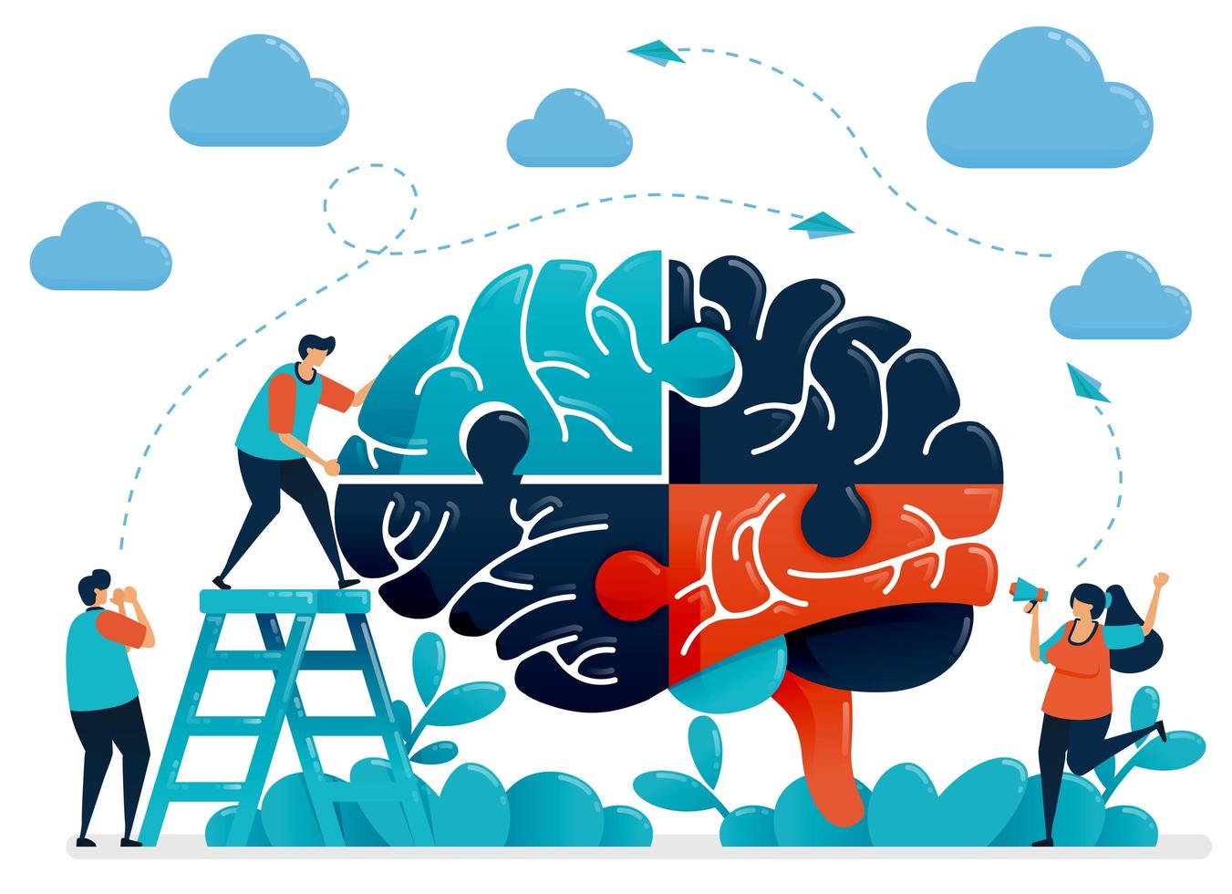 brainstormen om hersenpuzzels op te lossen. metafoor voor teamwerk en samenwerking. intelligentie bij het omgaan met uitdagingen en problemen. vectorillustratie, grafisch ontwerp, kaart, banner, brochure, flyer vector