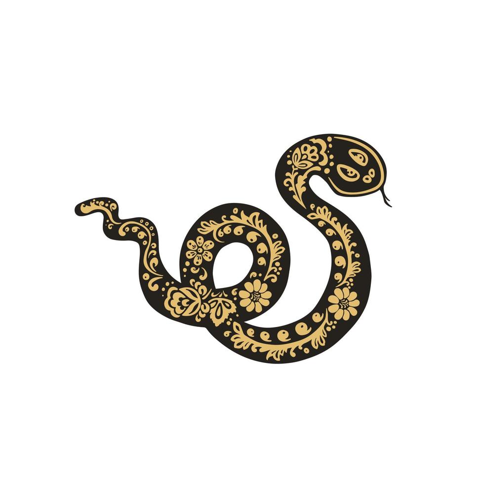 slang, adder in de stijl van khokhloma schilderen, zwart en goud , vector illustratie