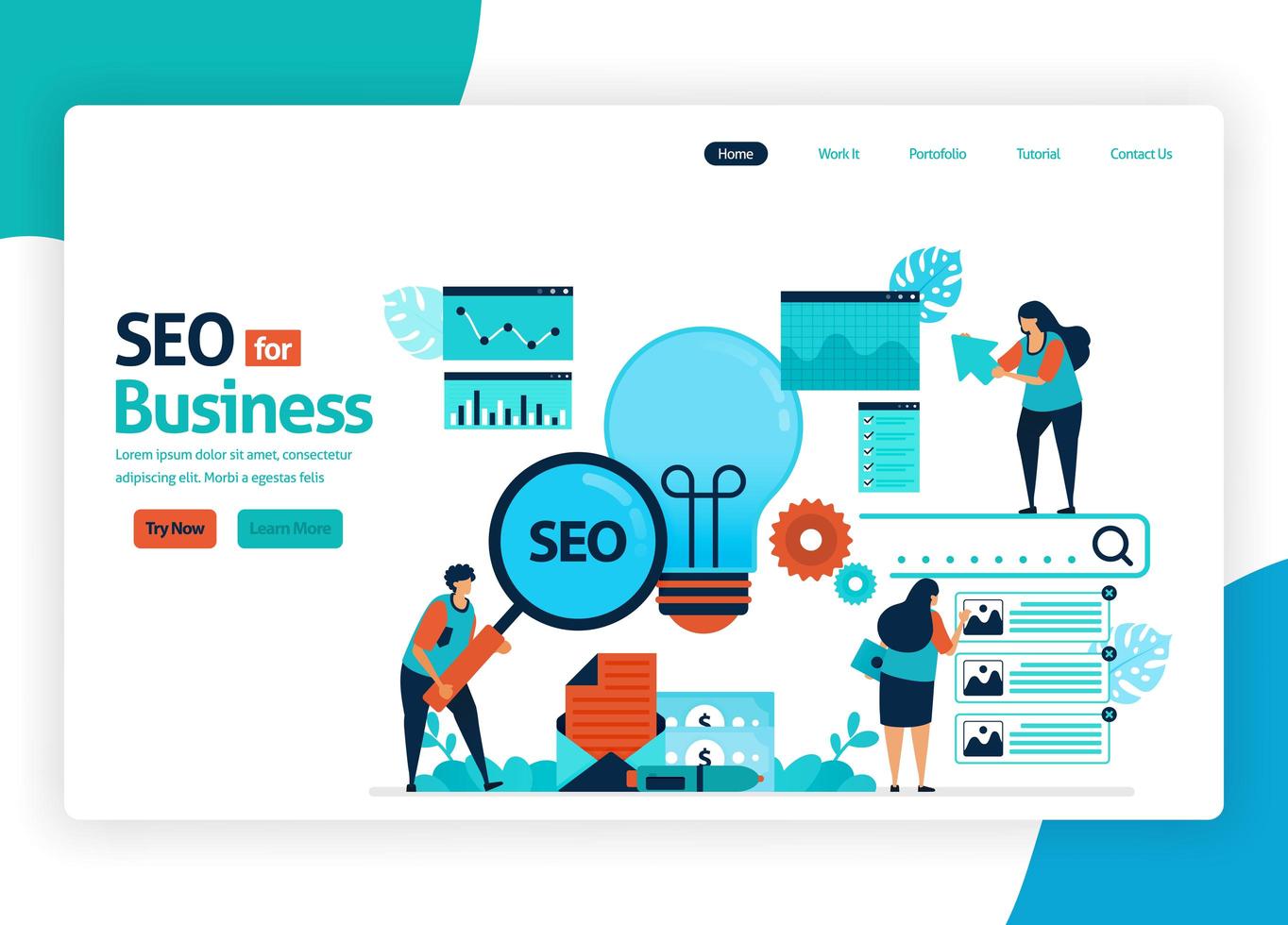 vector illustratie website voor marketingoptimalisatie met seo. online adverteren met trefwoorden in zoekmachines voor de doelmarkt, advertentieservices, sociale media. bestemmingspagina, banner, mobiele apps