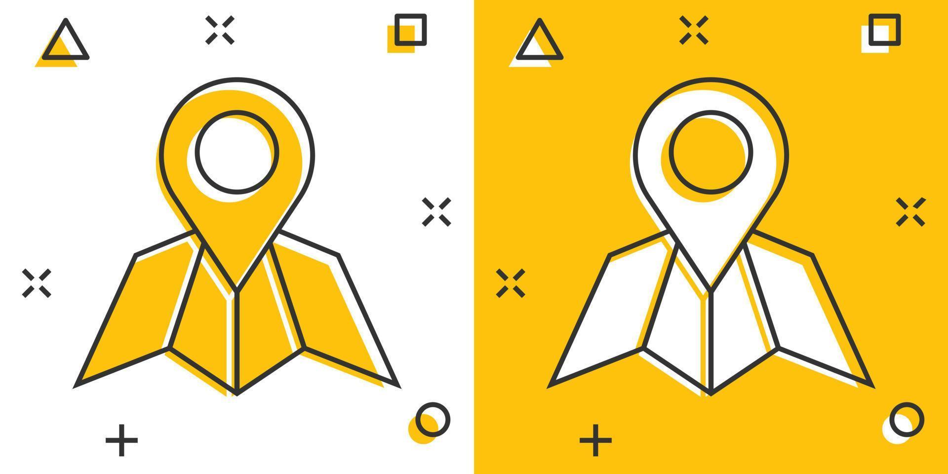 kaart pin icoon in grappig stijl. GPS navigatie tekenfilm vector illustratie Aan wit geïsoleerd achtergrond. bevind zich positie plons effect bedrijf concept.