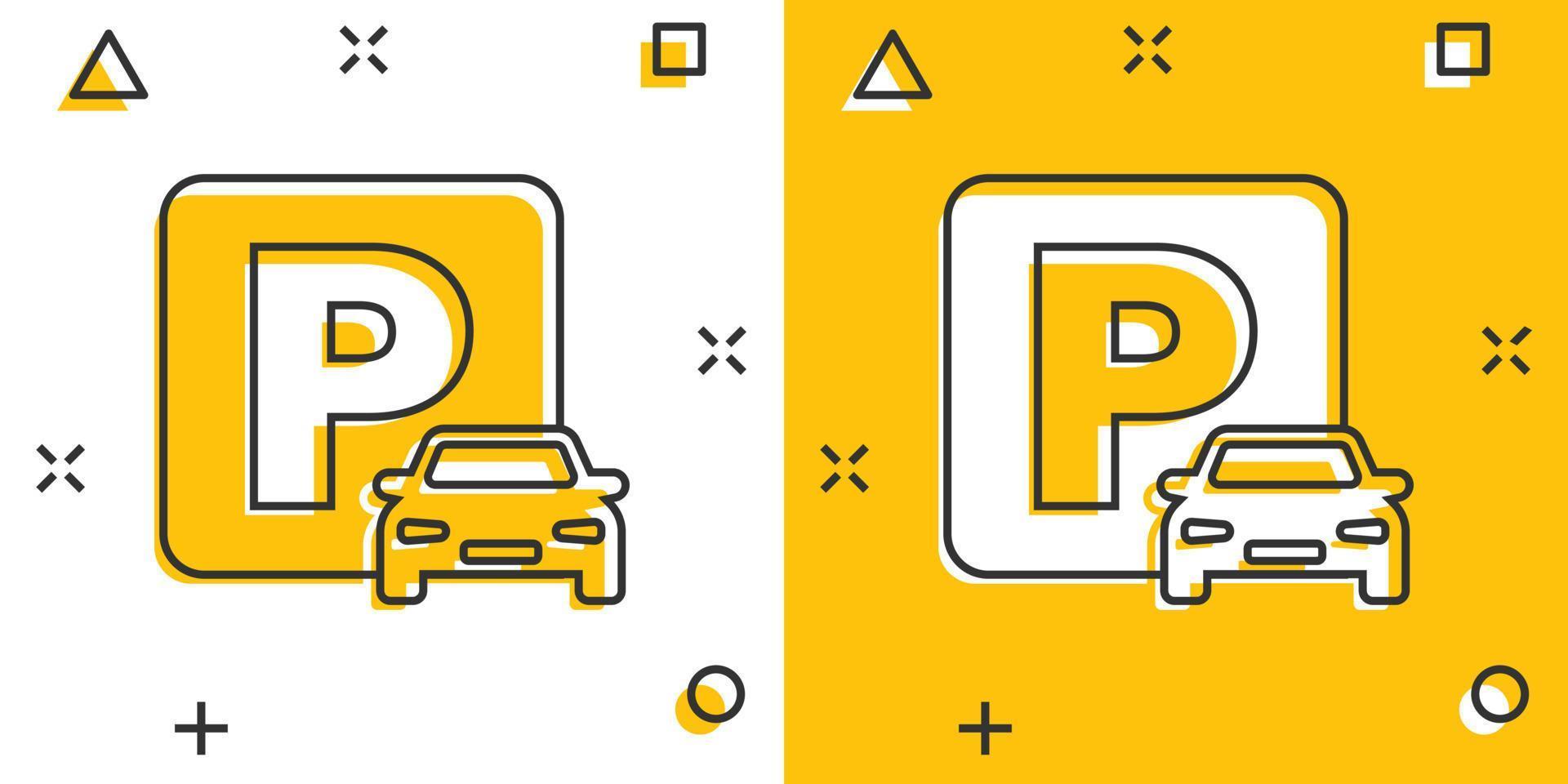 auto parkeren icoon in grappig stijl. auto staan tekenfilm vector illustratie Aan wit geïsoleerd achtergrond. verkeersbord plons effect bedrijf concept.