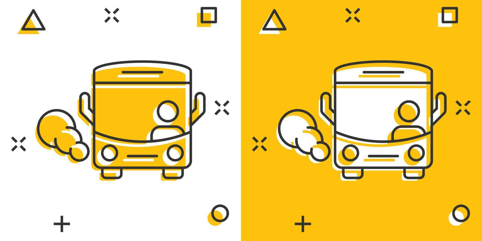 bus icoon in grappig stijl. trainer tekenfilm vector illustratie Aan wit geïsoleerd achtergrond. autobus voertuig plons effect bedrijf concept.