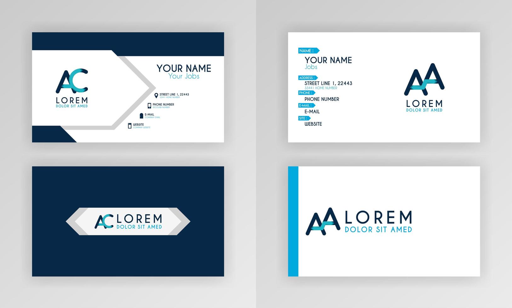 blauwe visitekaartjesjabloon. eenvoudig identiteitskaartontwerp met alfabetlogo en schuine accenten. voor corporate, company, professional, business, reclame, public relations, brochure, poster vector