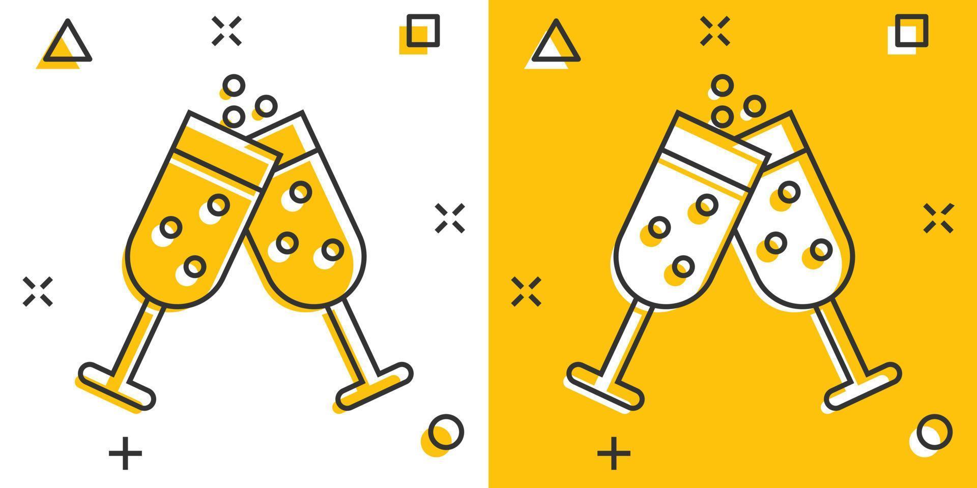 Champagne glas icoon in grappig stijl. alcohol drinken vector tekenfilm illustratie Aan wit geïsoleerd achtergrond. cocktail plons effect bedrijf concept.