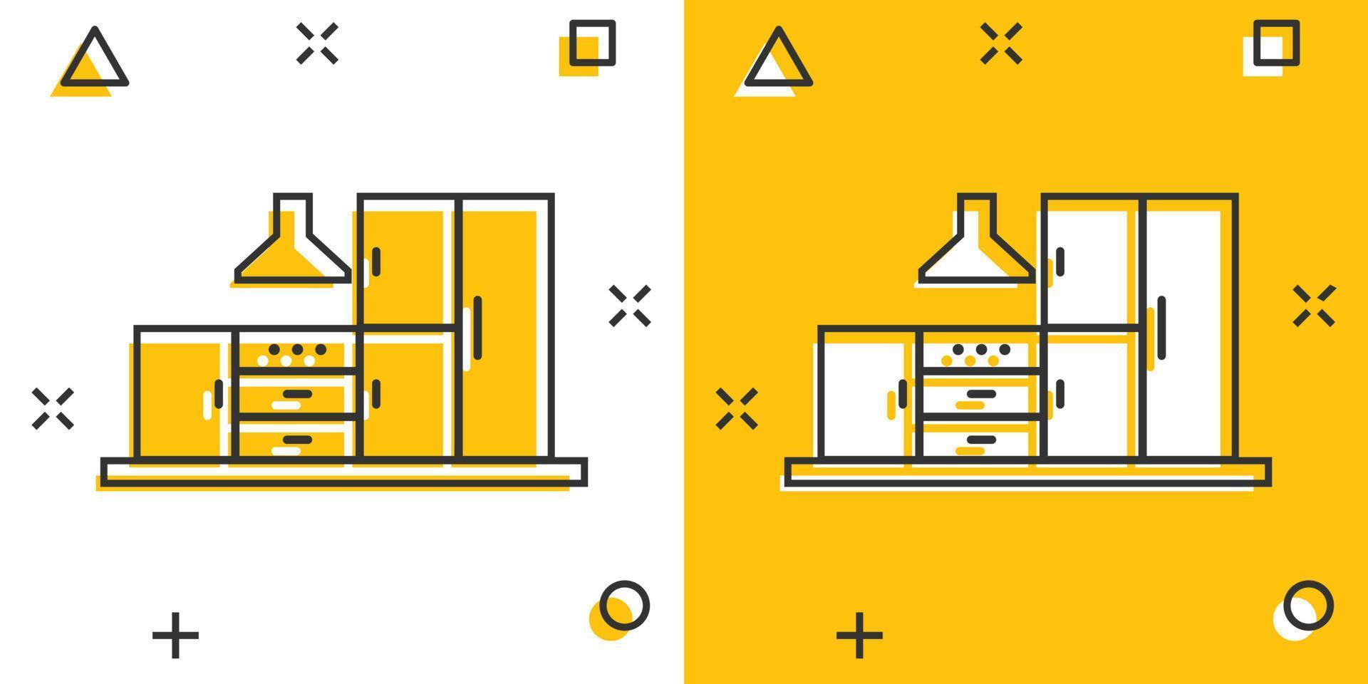 keuken meubilair icoon in grappig stijl. keuken tekenfilm vector illustratie Aan wit geïsoleerd achtergrond. Koken kamer plons effect bedrijf concept.