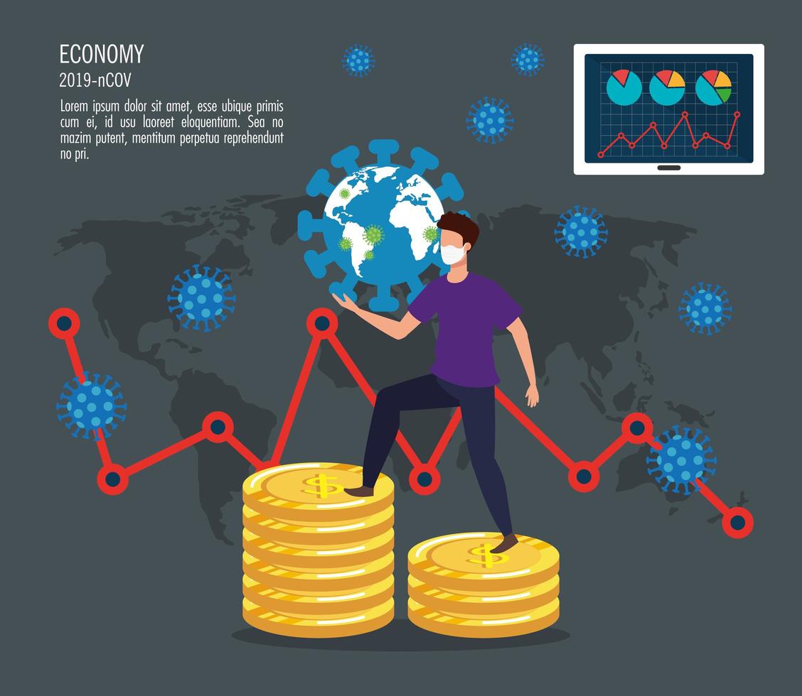 infographic van economische impact door covid 19 met man en stapel munten vector