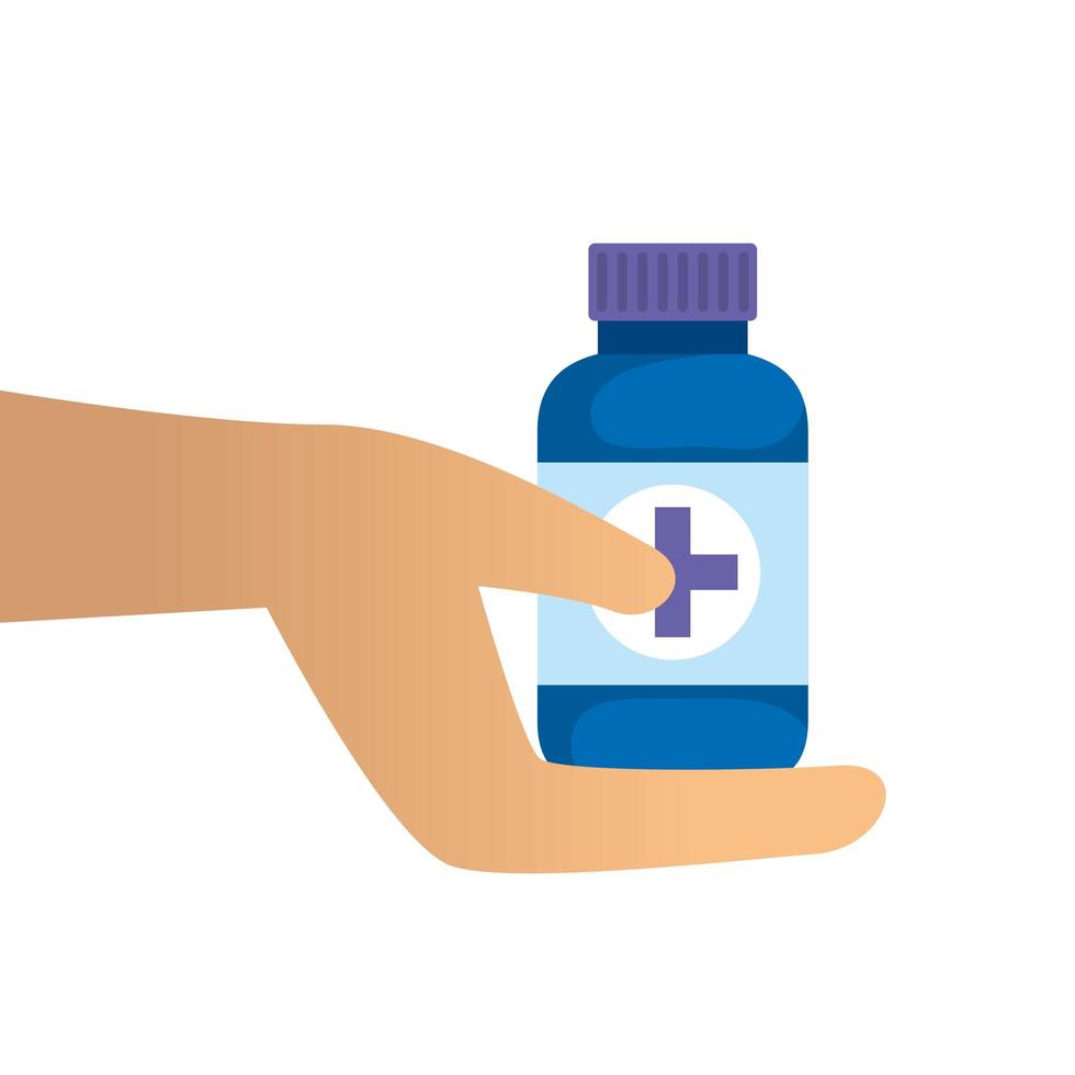 hand met fles capsules geneeskunde geïsoleerde pictogram vector