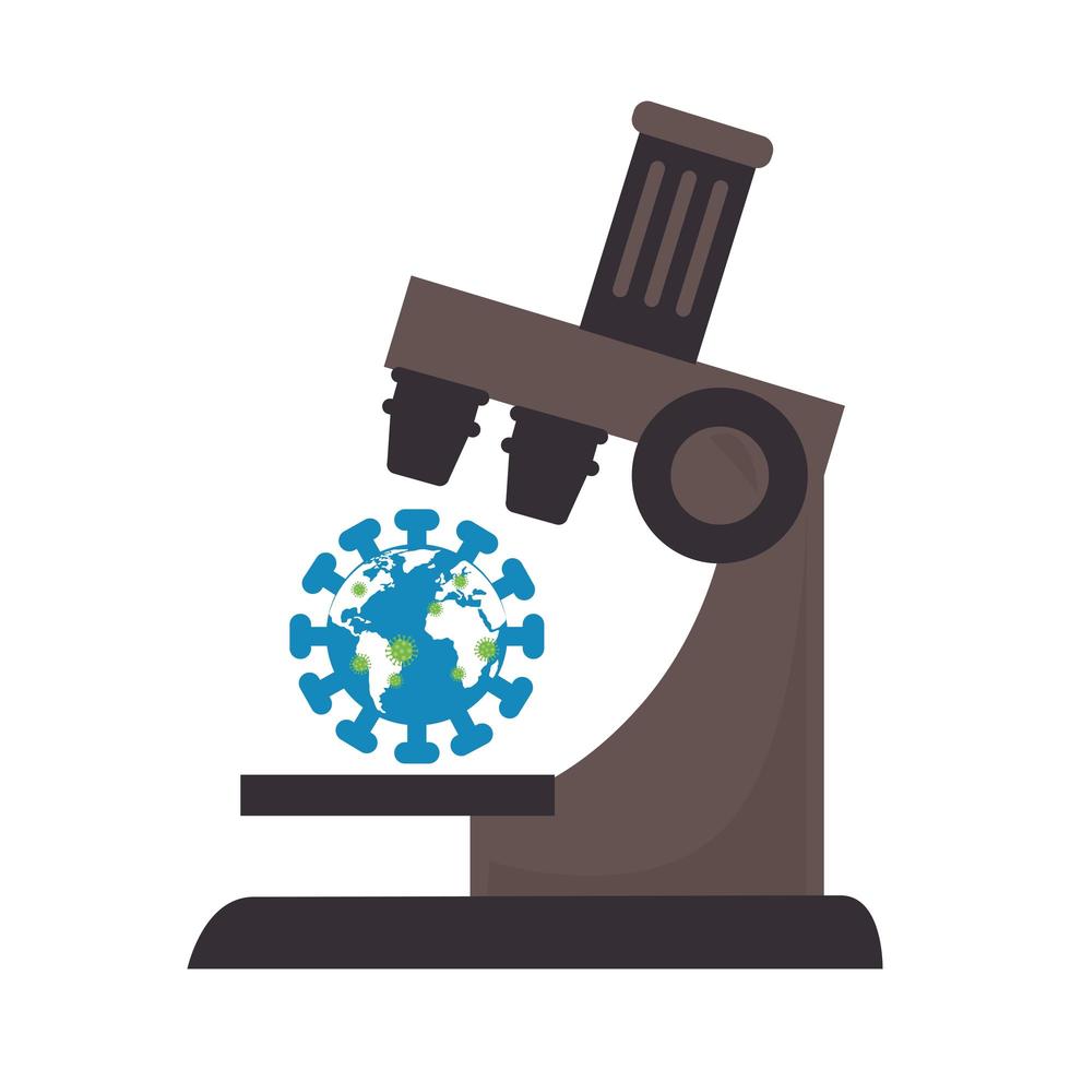 wereldplaneet met deeltjes covid 19 en microscoop vector