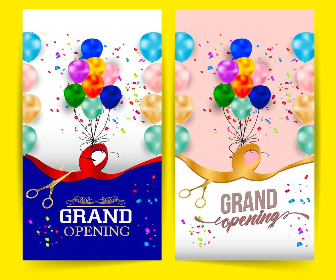 groots opening besnoeiing lint achtergrond banier ontwerp illustraties vorm geven aan, bedrijf Promotie advertentie poster, ceremonie partij evenement uitnodiging, komt eraan spoedig poster, rood lint met ballon en kleurrijk confetti. vector