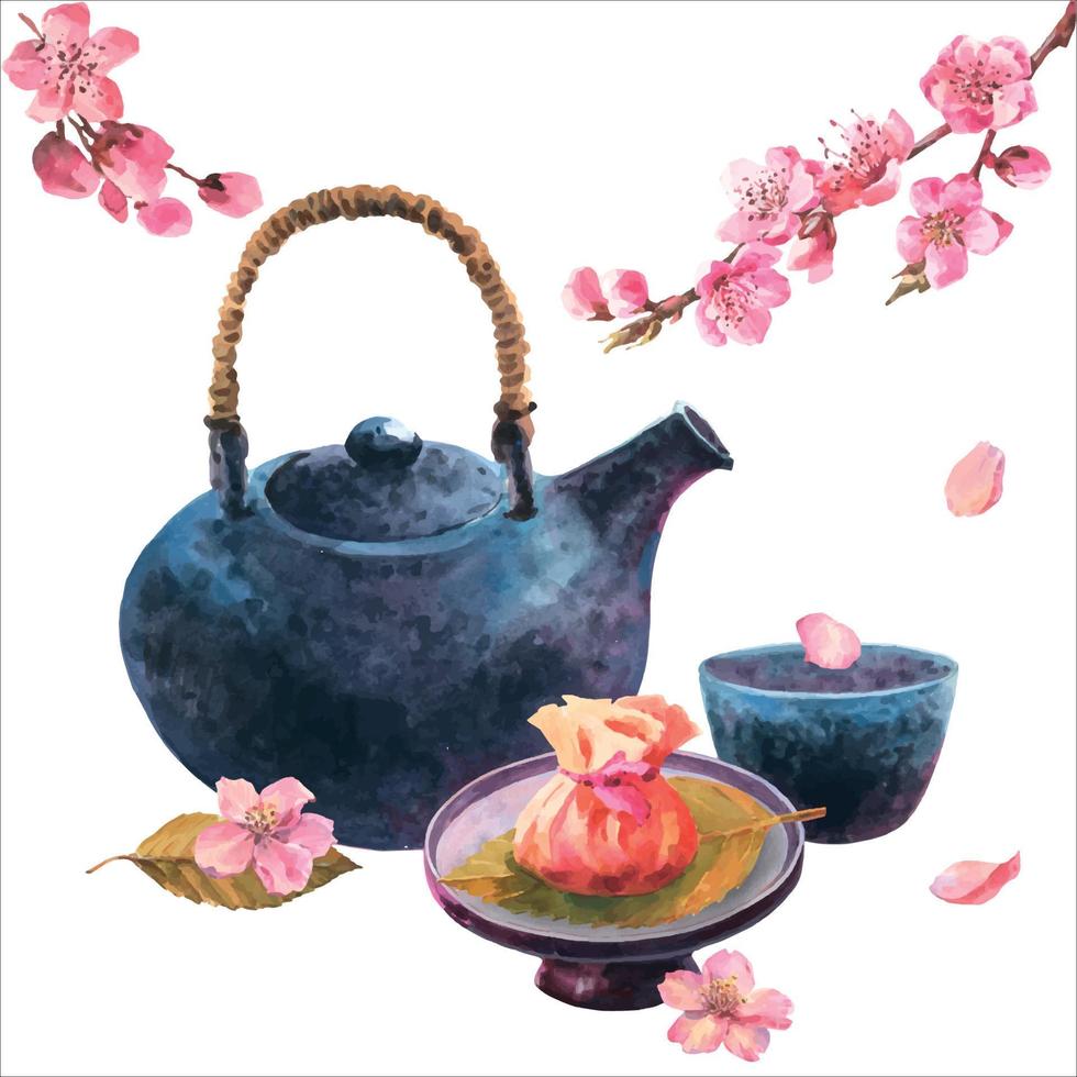 waterverf illustratie van Japan thee ceremonie, samenstelling van donker blauw keramisch theepot, kom van thee, sakuramochi met thee kleding omhulsel en kers bloesem takjes, geïsoleerd Aan wit achtergrond. vector