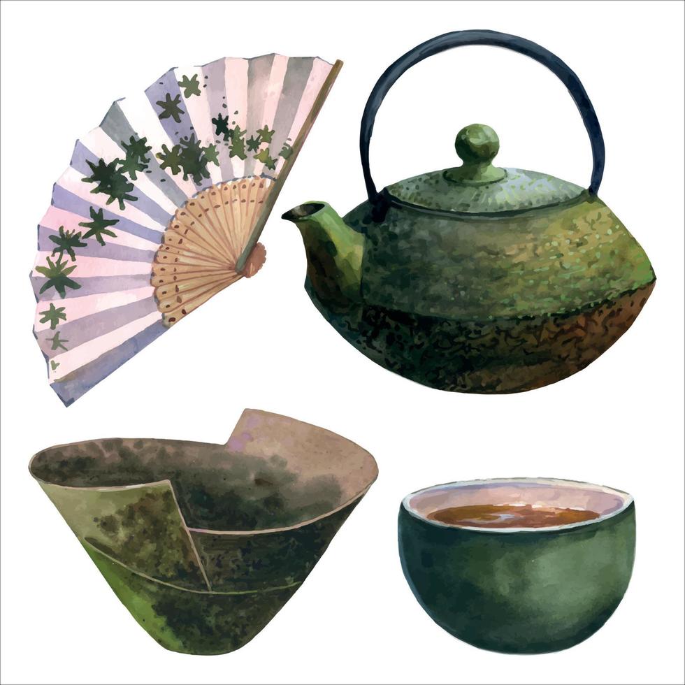 waterverf Aziatisch thee reeks met dack groen theepot, groen kop van thee, keramisch vaas en Japanners fan, isoleren Aan wit achtergrond. Japans thee ceremonie. vector