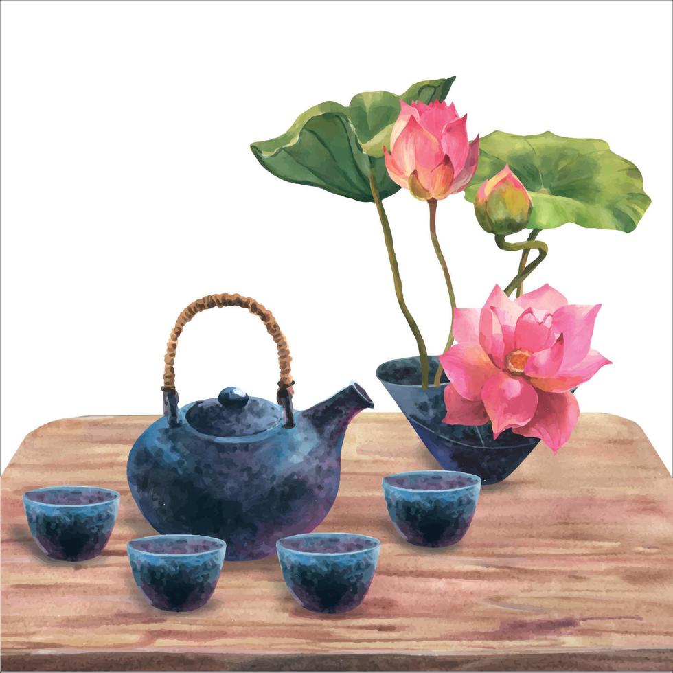 waterverf illustratie van Japan thee ceremonie, samenstelling van donker blauw keramisch theepot, kommen van thee, keramisch vaas met bloeiende lotos Aan houten tafel, geïsoleerd Aan wit achtergrond. vector