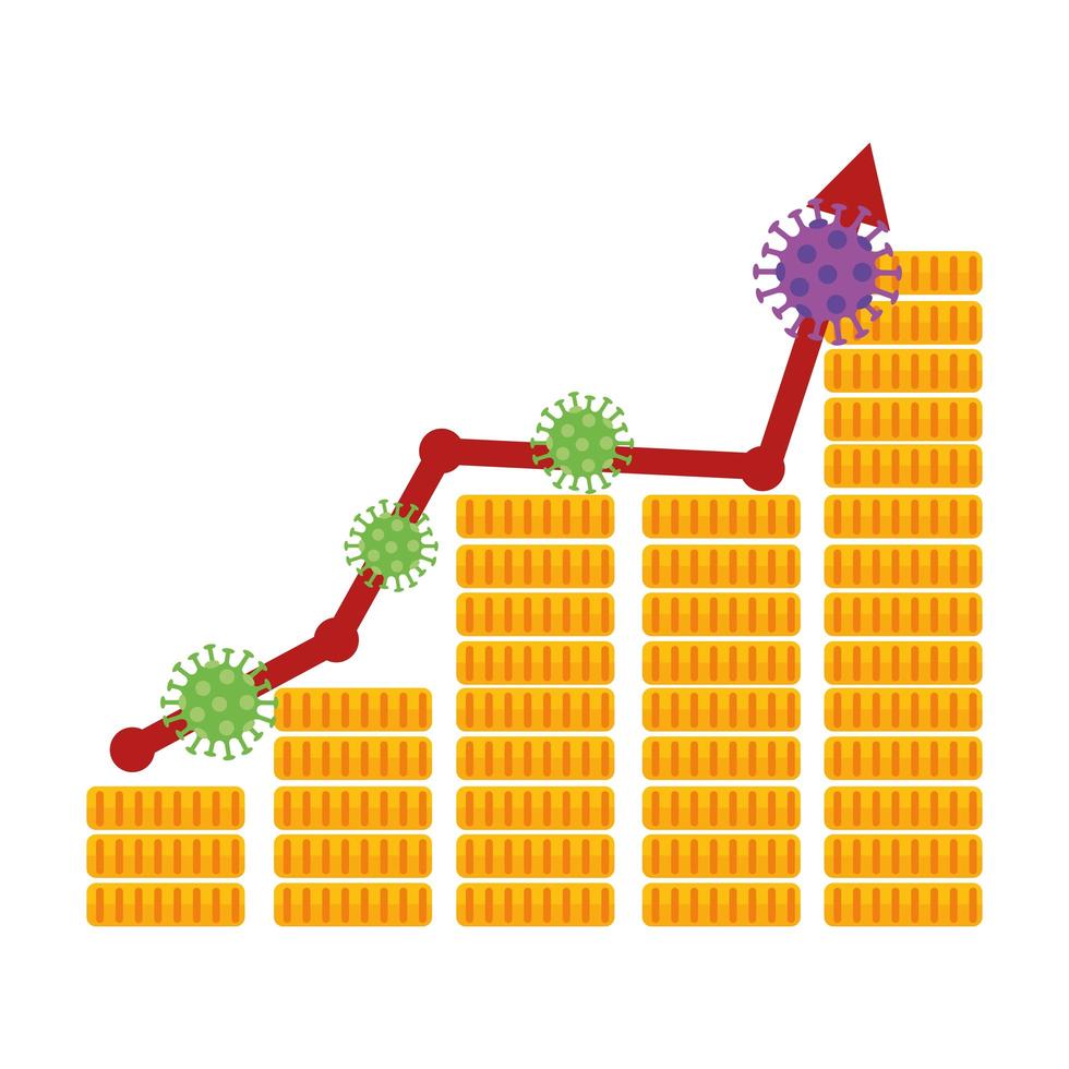 beursvariatie door covid 19 met stapelmunten en pictogrammen vector
