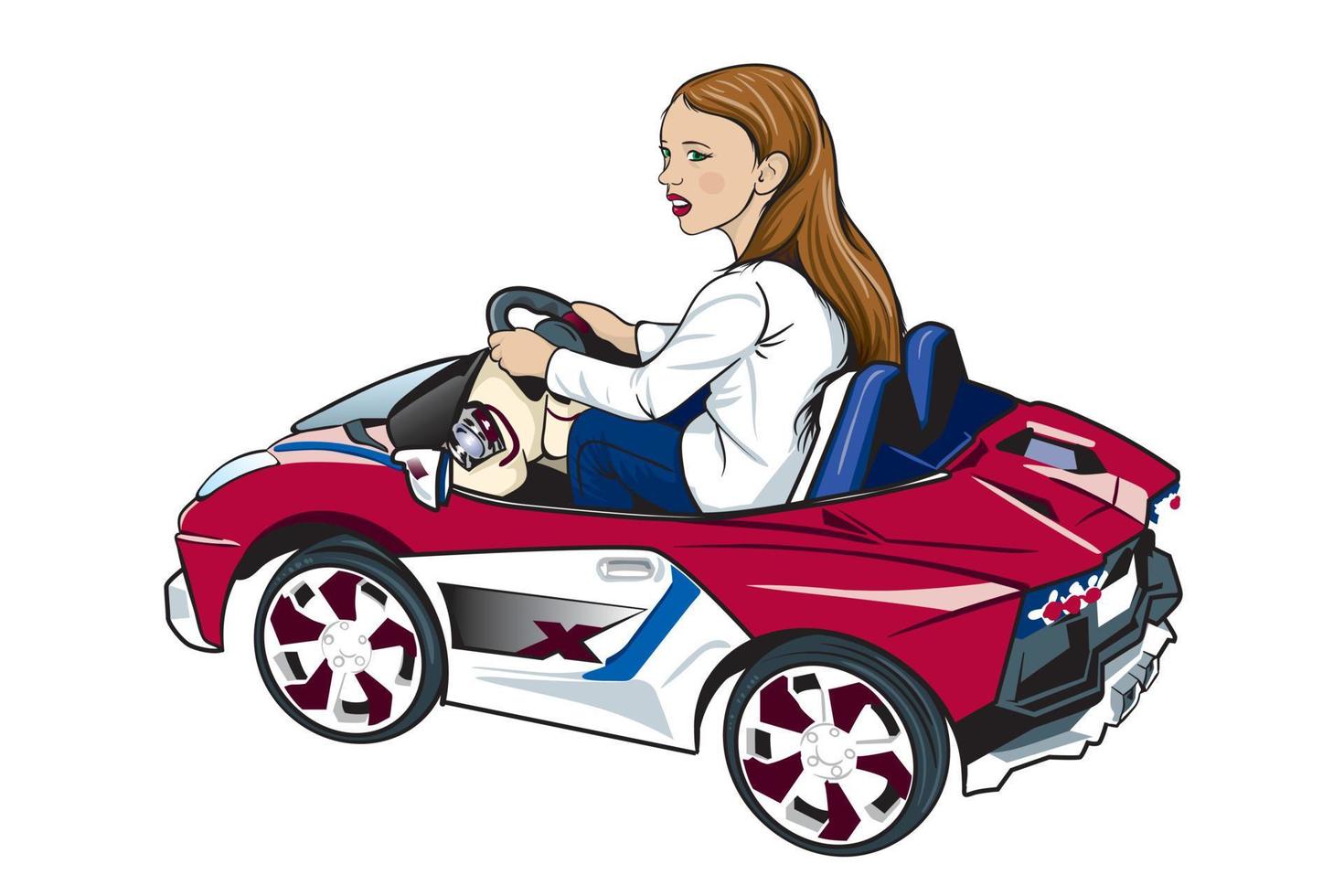 weinig meisje Aan een kinderen elektrisch auto in rood en wit met blauw strepen vector